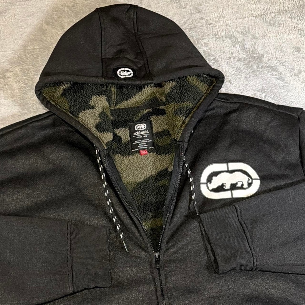 Y2K Vintage Ecko Unltd. Sherpa-Lined Full Zip Hoodie | Black/Camo | 3XL